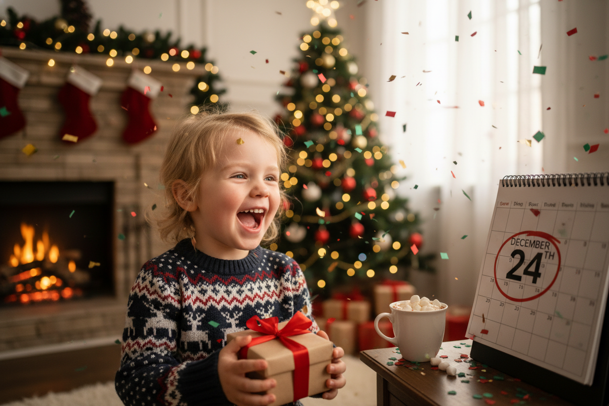 Razigran, vesel in nasmejan otrok v pričakovanju decembrske čarovnije.
