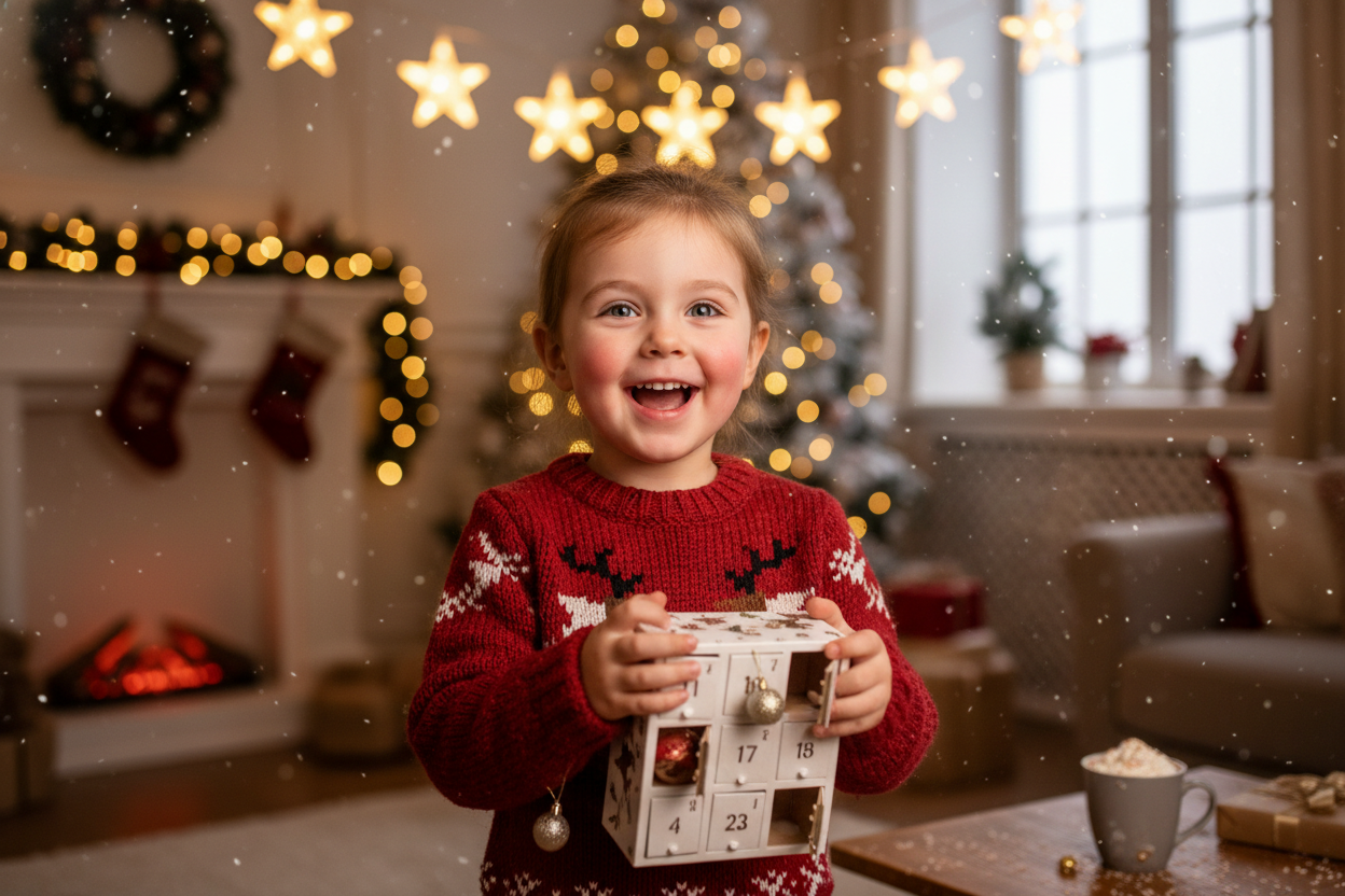 Razigran, vesel, nasmejan otrok v pričakovanju Čarobnega decembra.